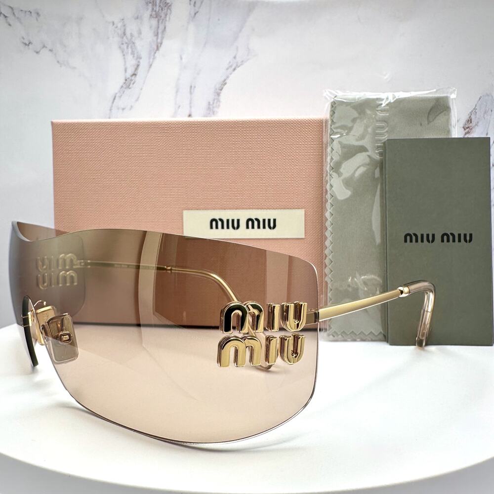 New MIU MIU Aube Sunglasses Gold Light Brown Mirror Bronze Rimless Wrap Womens